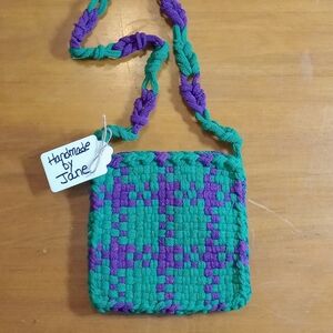 Handmade Small Woven Green and Purple Bag